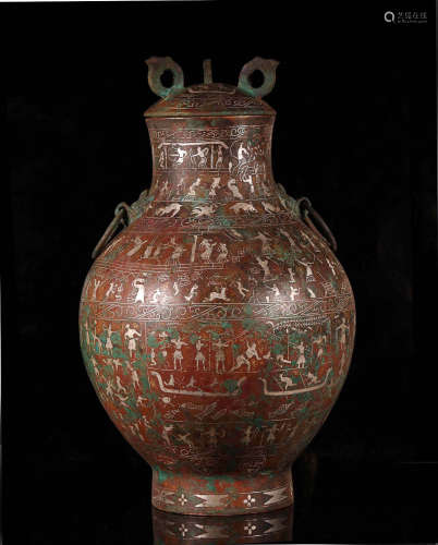 BRONZE POT WITH HUNTING PATTERN