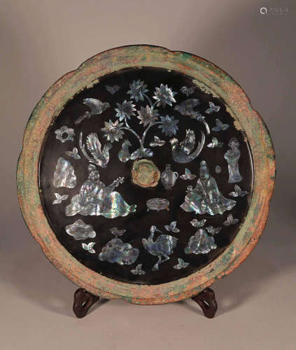 BRONZE MIRROR WITH PEARL-OF-MOTHER INLAID