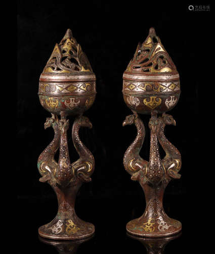 SILVER AND GOLD INLAID BOSHAN CENSER IN PAIR