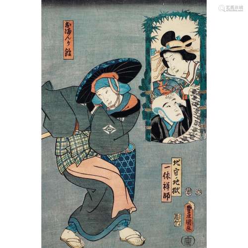 THREE OBAN TATE-E, BY TOYOKUNI III (KUNISADA), JAPAN, LATE EDO PERIOD, CA. 1850.