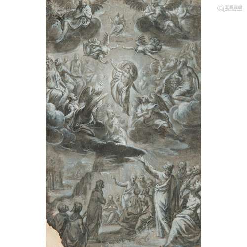 École allemande vers 1600 Christ en gloire Lavis gris et rehauts de gouache blanche sur papier gris Pliures et manque en bas à...