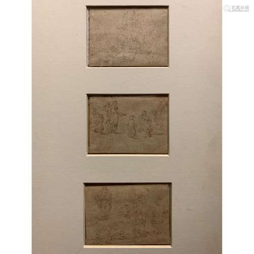 Ecole flamande du XVIIe siècle Trois études de personnages recto verso sur le même montage Plume et encre brune sur traits de cr...
