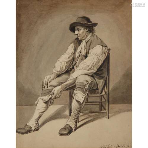 Hendrick Willem SCHWEICKHARDT (Brandenburg 1746-Londres 1797) Paysan assis Lavis gris et brun sur traits de crayon noir Signé...