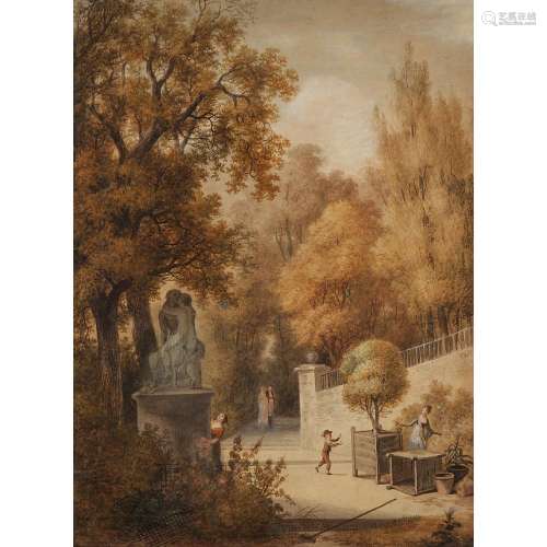 Antoine MONGIN (Paris 1761-Versailles 1827) Vue d'un parc animé Aquarelle gouachée Pliures en bas à gauche trou sur le bord dr...