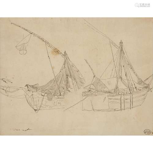 Attribué à Joseph VERNET (Avignon 1714-Paris 1789) Étude de bateaux Plume et encre noire, sur traits de crayon noir Annoté Ver...