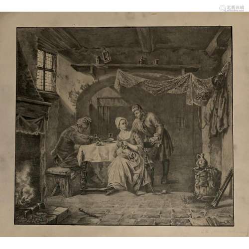 Charles Rochusen Famille de paysans dans un intérieur Graphite et crayon noir En feuille Peasant family in an interior, grap...