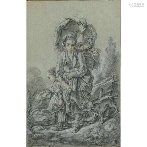 Dans le goût de François BOUCHER (Paris 1703-1770) L’heureuse famille Pierre noire, rehauts de craie blanche et de sanguine sur...