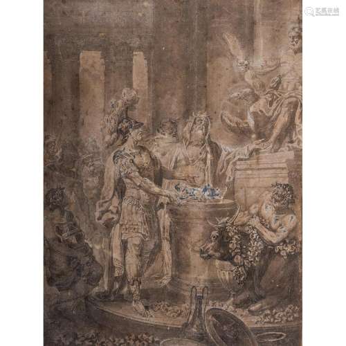 École française du XVIIIe siècle Scène de sacrifice antique : Alexandre faisant un sacrifice à Jupiter Lavis brun sur traits de...