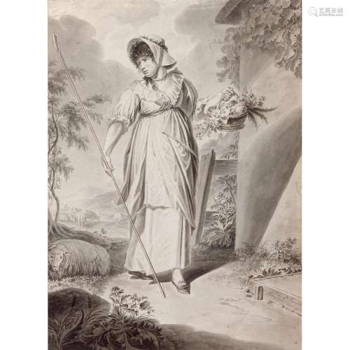 J. Z. PREY (1744-1823) Jeune bergère au bouquet Plume et encre brune, lavis gris Signé et daté en bas à droite de « 1807 » Y...
