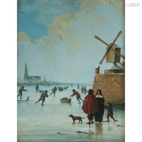 École hollandaise du XIXe siècle Les patineurs Gouache Écaillures 19th century Dutch school, The ice skaters, gouache 20,5...