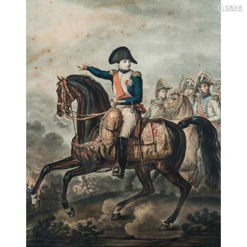 Début du XIXe siècle Napoléon à cheval avec ses généraux Lithographie en couleurs encadrée Quelques rousseurs Beginning of t...