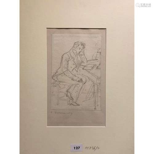 ATTRIBUÉ À EUGÈNE DEVÉRIA (1808-1865) PORTRAIT D’HOMME ASSIS LISANT Crayon noir Annoté sur la feuille de montage E. Devéria 1...