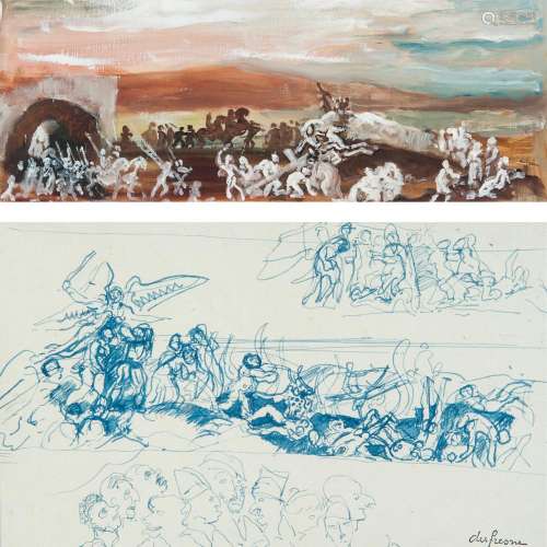 Charles DUFRESNE (Millemont 1876 - La Seyne-sur-mer 1938) Scène d’apocalypse Plume et encre bleue Cachet de la signature en...