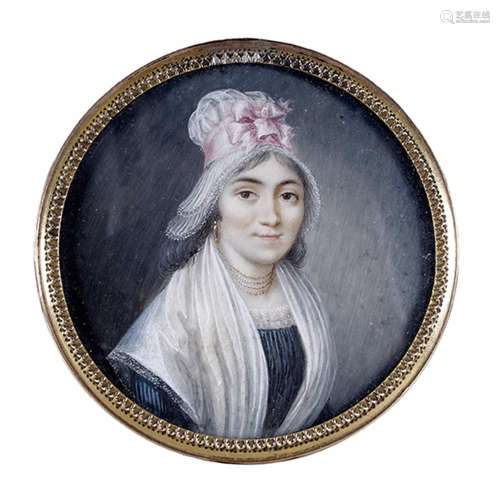 Ecole FRANÇAISE vers 1800 Portrait de femme au noeud rose Gouache sur ivoire French school circa 1800, Portrait of a woman wit...