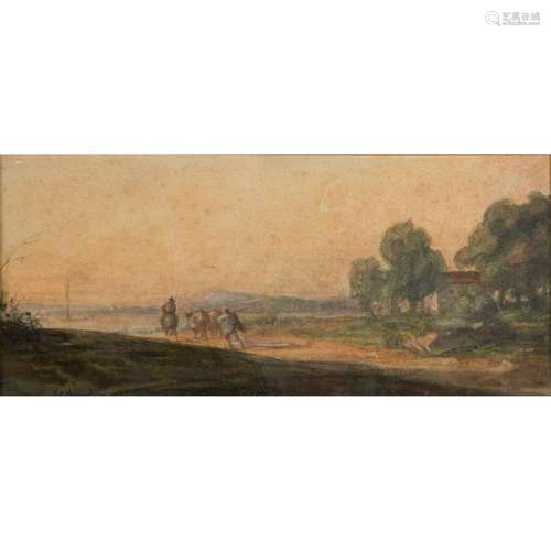 ÉDOUARD BRANDON (1831-1897) Paysage de bord de lac animé Aquarelle gouachée Signée en bas à gauche et datée 1855 Petite rayu...