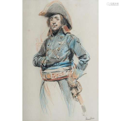 Édouard DETAILLE (Paris 1848-1912) Étude d’un soldat de la Révolution Crayons de couleur Signé en bas à droite Au verso coll...