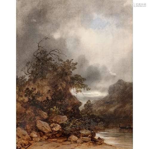 Hippolyte LEBAS (Paris 1812-1880) Paysage orageux au bord de l'eau Aquarelle gouachée sur traits de crayon noir, lavis brun Si...