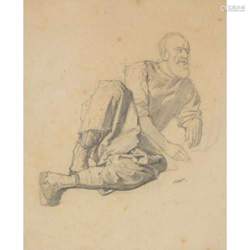 Jules WORMS (Paris 1832-1914) Étude d’homme allongé Crayon noir et estompe Monogrammé en bas à droite Rousseurs Study of a...