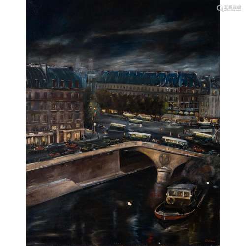 Lucien ADRION (1889-1953) Le pont neuf la nuit, Paris Oil on canvas; signed lower right 36 1/4 x 28 3/4 in.