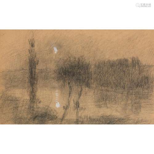 Albert-Charles LEBOURG (Montfort-sur-Risle 1849—Rouen 1928) Paysage au clair de lune Fusain et rehauts de craie blanche Signé...