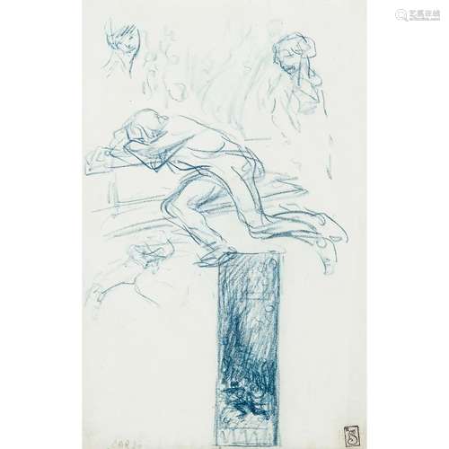 Théophile Alexandre STEINLEN (Lausanne 1859-Paris 1923) Étude d’homme accoudé sur un banc Drawings Crayon bleu 38,5 x 24,5 cm Cachet...