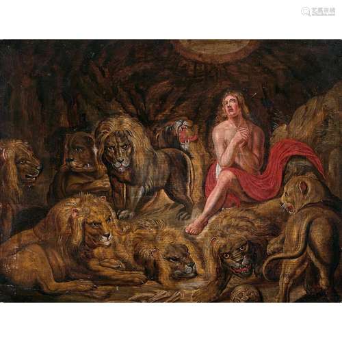 17th century Flemish school, follower of P. P. Rubens, Daniel in the lion’s den, oak panel, without frame