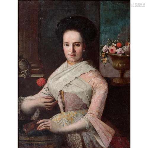 Roman school circa 1770, circle of P. Labruzzi, portrait of a woman holding a carnation and her breviary, original canvas, inscription