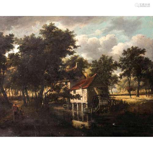 18th century Dutch school, follower of M. Hobbema, Windmill by the water, canvas extended on the inferior border with a band, unframed