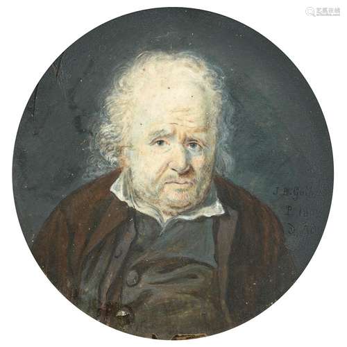 J. B.GUIBERT*** (école Française vers 1790) Portrait d'homme Gouache circulaire Signé à droite: JB Guibert (peut-être rehaussé...