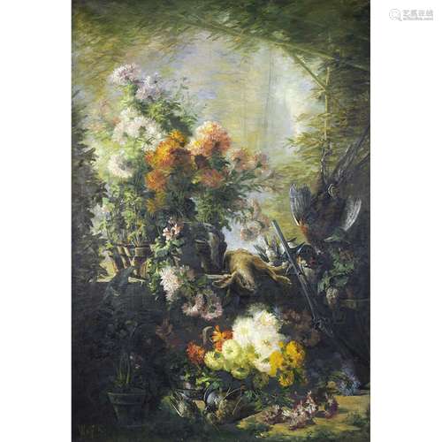 German school circa 1880, still life with bouquets of dahlias and game, original canvas, signed lower left: Wolf A.