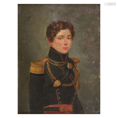 ECOLE FRANÇAISE VERS 1825, ENTOURAGE DU BARON GROS PORTRAIT D’UN JEUNE LIEUTENANT D’ARTILLERIE, SOUS LA RESTAURATION Toile Tra...