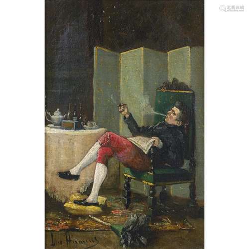 Leo HERMANN (1853-1927) Le fumeur The smoker, canvas, signed lower right : LEO HERMANN. 13 3/8 X 9 IN.