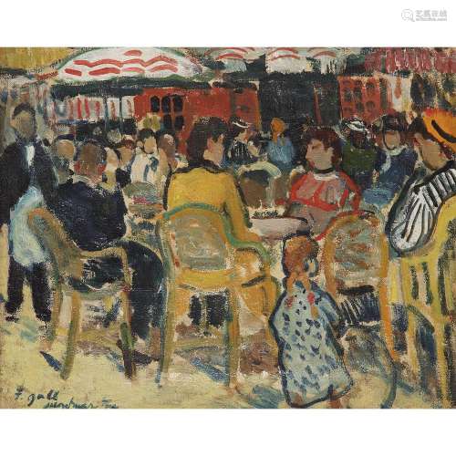 François Gall (1912-1987) Terrasse de café à Montmartre Oil on canvas; signed and situated lower left 13 3/16 x 16 1/8 in.
