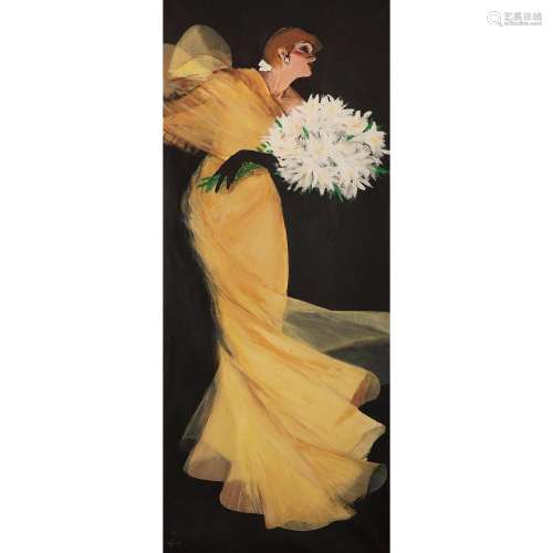ƒRené Gruau (1909-2004) Danseuse du moulin rouge au bouquet Oil en canvas; signed lower left 70 7/8 x 29 1/2 IN.