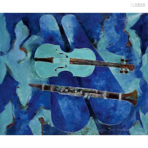 Tony Agostini (1916-1990) VIOLON VERT ET CLARINETTE Oil on canvas, signed lower right 18 1/8 x 22 1/16 IN