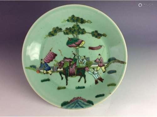 Vintage Chinese pastel green plate  with figures