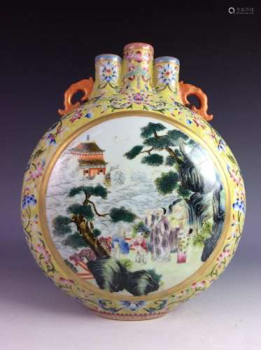 Chinese moon flask with landscaping and figures marked