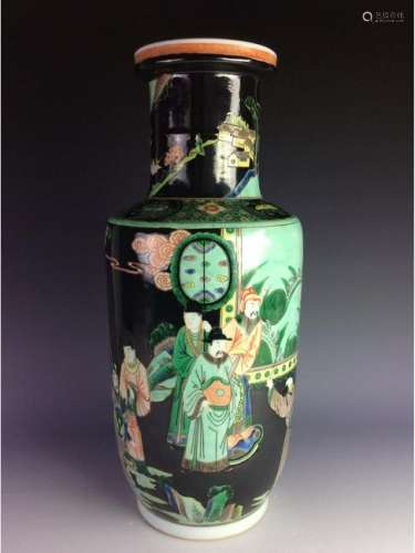 Elegant Chinese black ground rouleau vase with figures