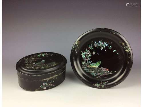 Chinese lacquer box and plate mother- of- pearl inlay