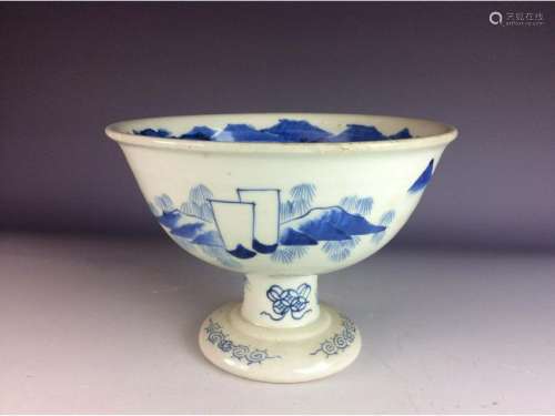 Chinese blue and white stem cup with landscaping.