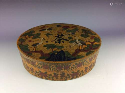 Vintage Chinese lacquer oval box  with pine trees and