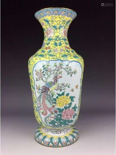 Chinese copper base enamel vase painted with phoenix