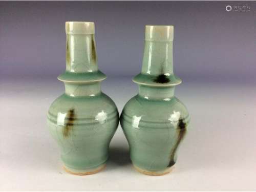 Pair of Chinese  celadon vases with  dark iron-brown
