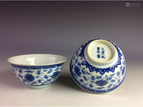 A pair of blue and white bowls, six-character mark on