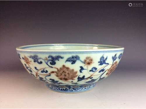 Vintage Chinese B/W bowl with under glaze red peony