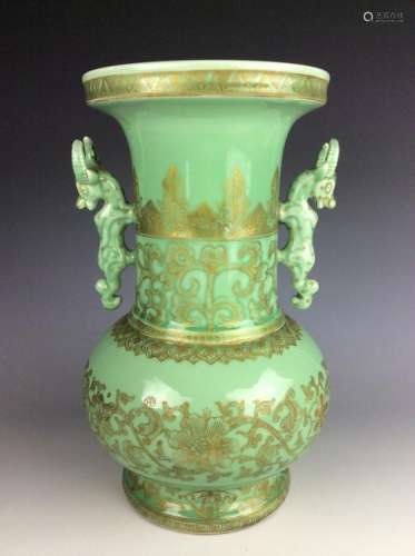 Chinese celadon vase with flower patterns and mark
