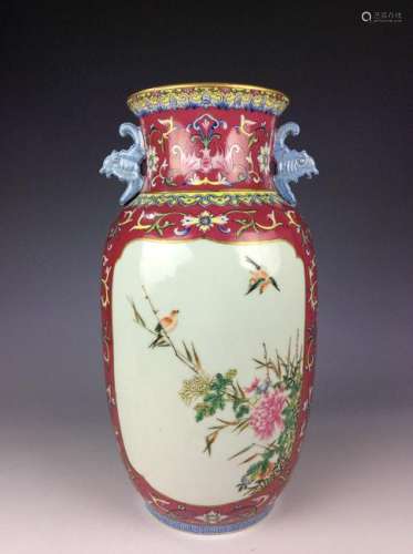 Chinese rouge red vase with flowers and birds mark on