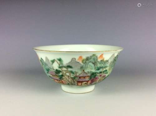 Chinese famille rose bowl with mountain landscaping and