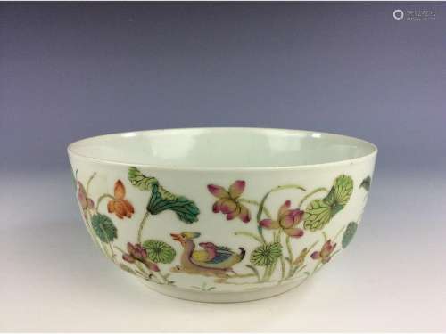 Chinese bowl with ducks and lily pond mark on base