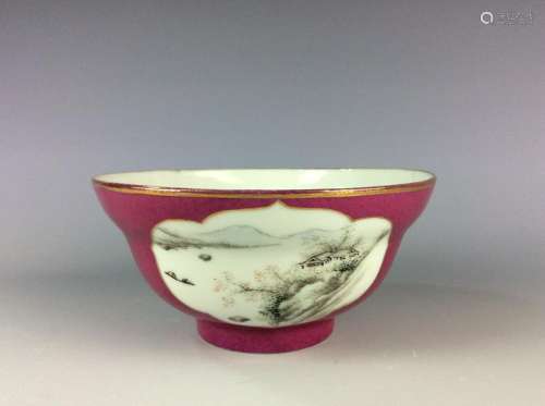 Chinese rouge red bowl with landscaping and mark